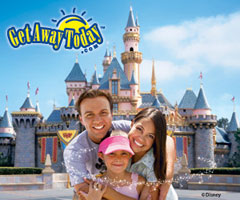 Get Away for a Magical Vacation. Picture of Disney castle in baground. Smiling, happy family in foreground.